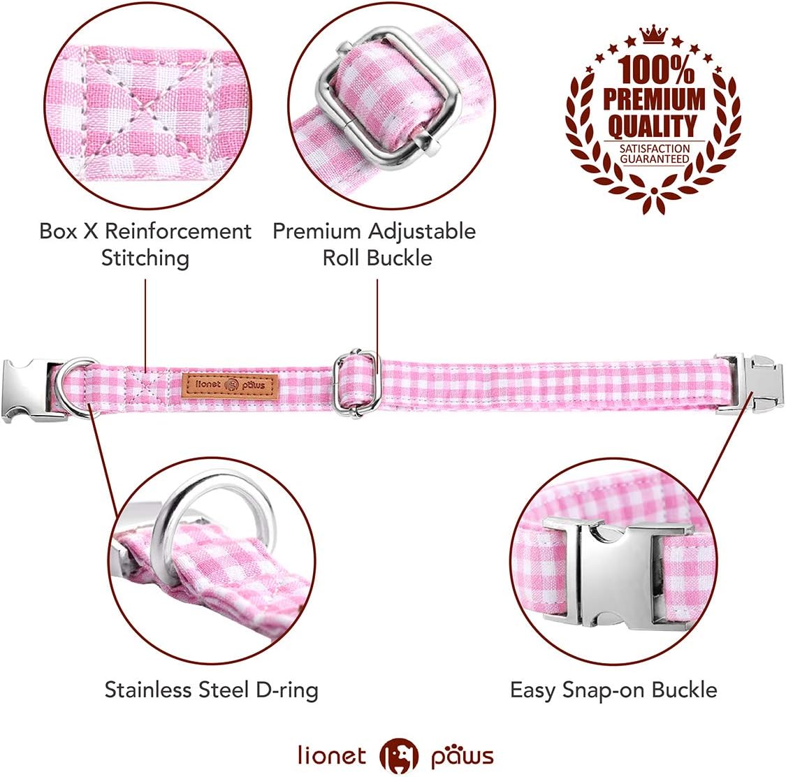 Lionet Paws Dog Collar with Bowtie, Comfortable Adjustable Cute Pink Gingham Bow Tie Collar for Female Puppies and Cats Gift, XXS, Neck 7-11 inches