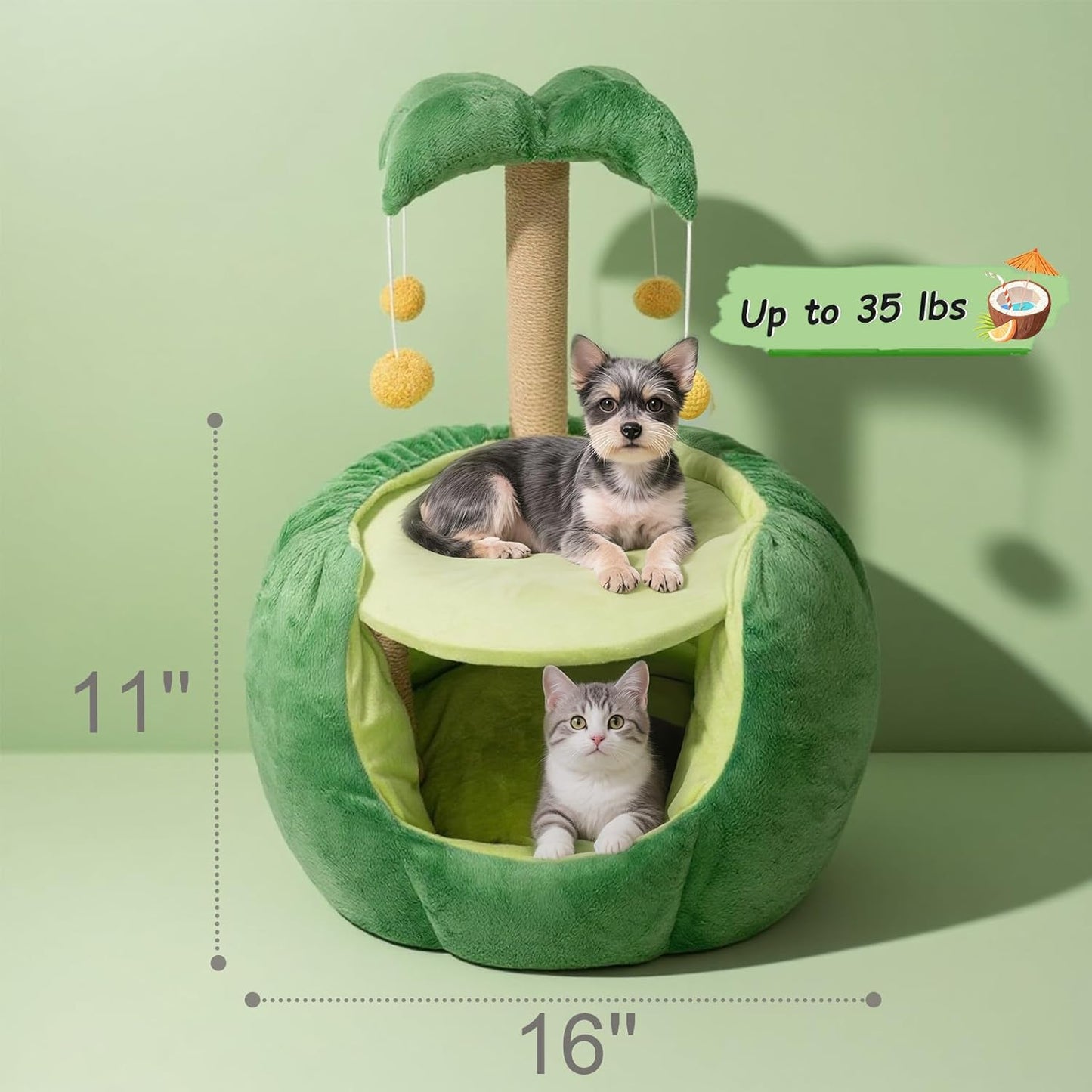 Cat Houses for Indoor Cats, Small Cat Tree with Sisal Ropes and Plush Perch, Cute Cat Bed Cave with Soft Pillow, Coconut Palm Design
