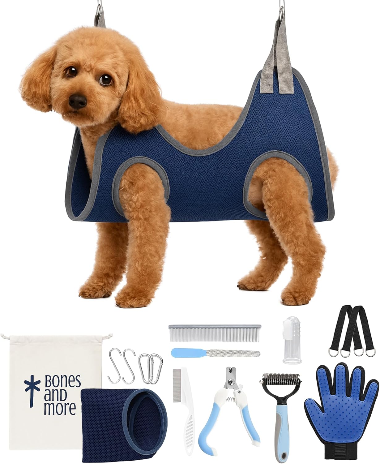 Pet Grooming Hammock Kit for Dogs & Cats, Includes Hammock Harness, Nail Clippers, Nail File, Grooming Glove, Dematting Comb, S-Hooks, Carabiners & Storage Bag for Easy Home Grooming Medium (86ร52) cm