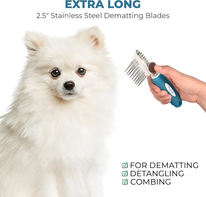 Poodle Dematting Fur Rake Comb Brush for Dogs and Cats - Long 2.5" Steel Safety Blades Metal Comb for Detangling Matted or Knotted Undercoat Hair
