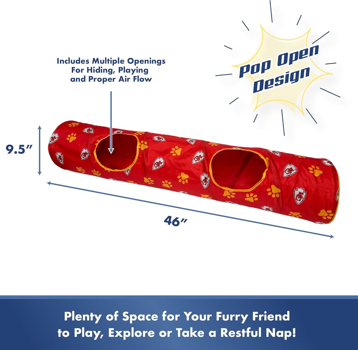 NFL Kansas City Chiefs Cat Tunnel Tube Toy with Plush Football Catnip and Feathers Collapsible Tunnel for Cats to Play, Peek and Hide, Sporty & Fun Cat Tunnel Toy with Team Logo All-Over Design!
