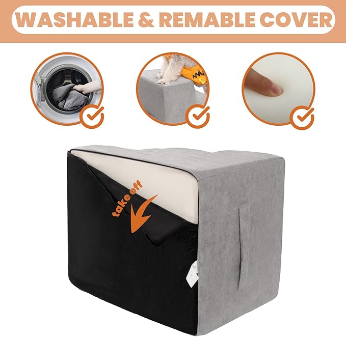 MEWANG Dog Stairs for Small & Medium Dogs and Old Cats –3/4/ 5 Steps High-Density Foam Pet Ramp for Bed & Couch, Non-Slip, Washable Cover, Grey (Square Corner, 5 Steps: 29.92''×22.83''×15.75'', 2)