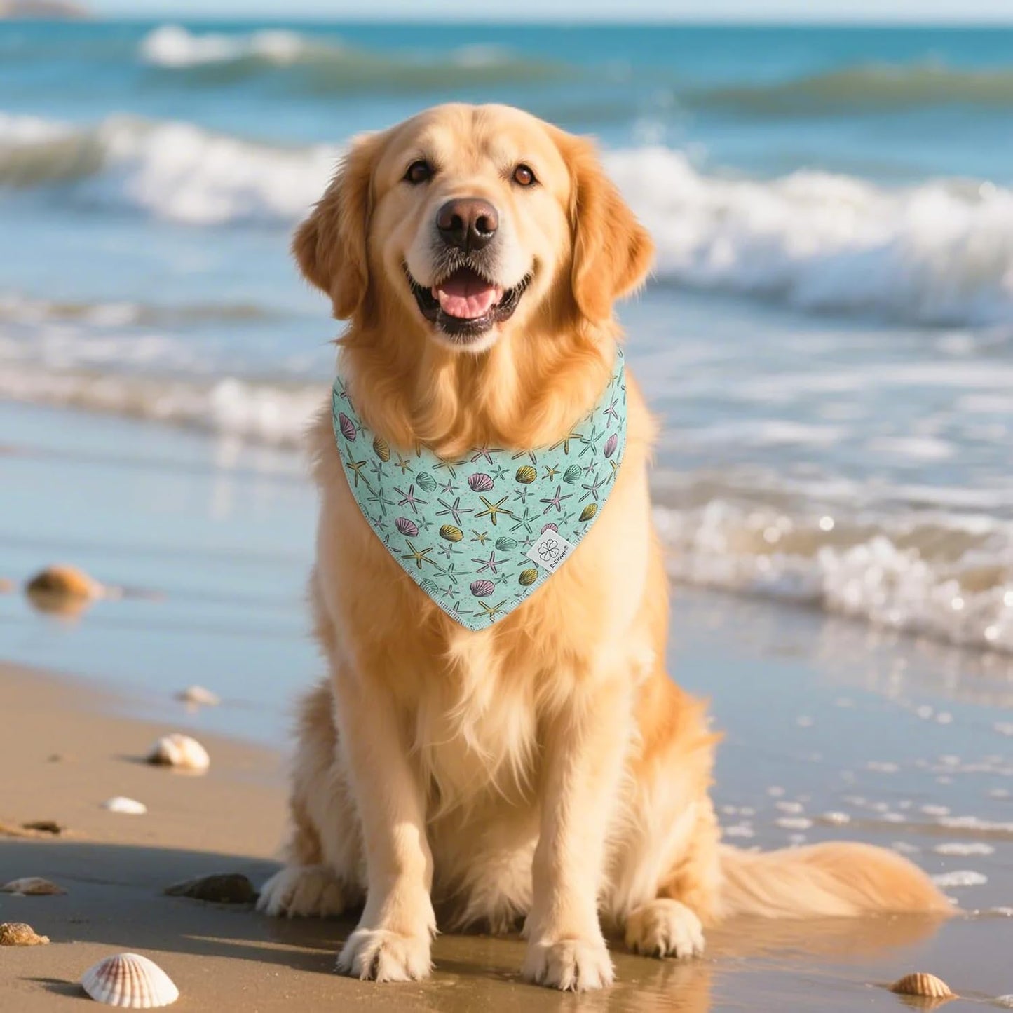 E-Clover Summer Starfish Dog Bandanas & Matching Scrunchie Set Blue Dog Scarf Bibs Pet Bandana with Bow Tie for Medium Large Dogs Owner Mom