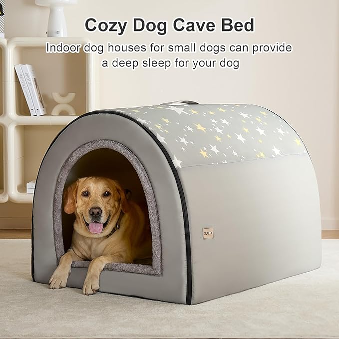 Jiupety 2 in 1 Dog House Indoor, Comfy Cave Bed Covered Dog Bed, Portable House for Large Dogs, 3XL(39"×32"×28"), Up to 90 Lb, Grey
