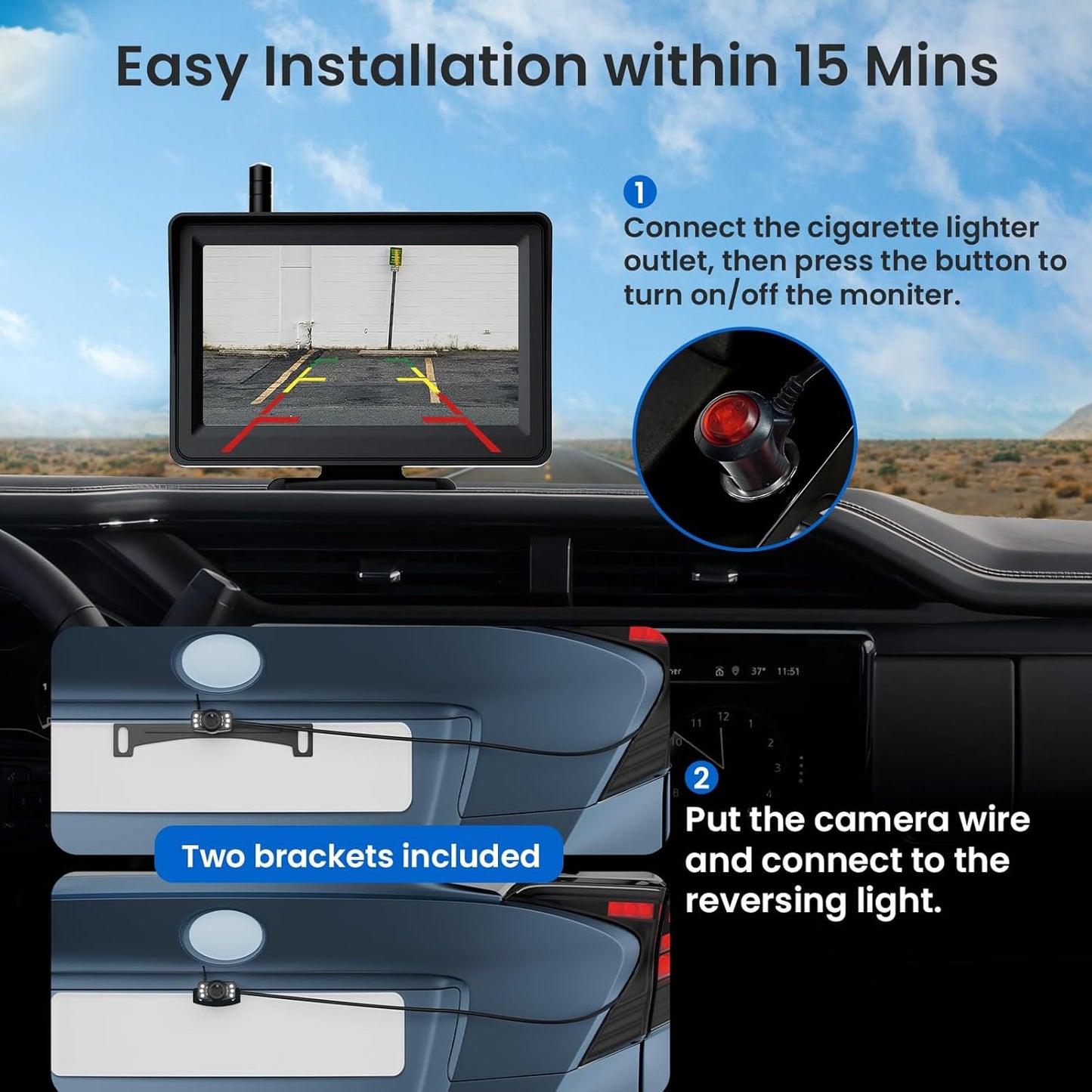 Wireless Backup Camera, 5'' HD 1080P Backup Camera for Car, Reverse Rear Camera with Night Version 130° Wide Angle, Waterproof, Strong Signal for Car, Van, Truck, Trailer