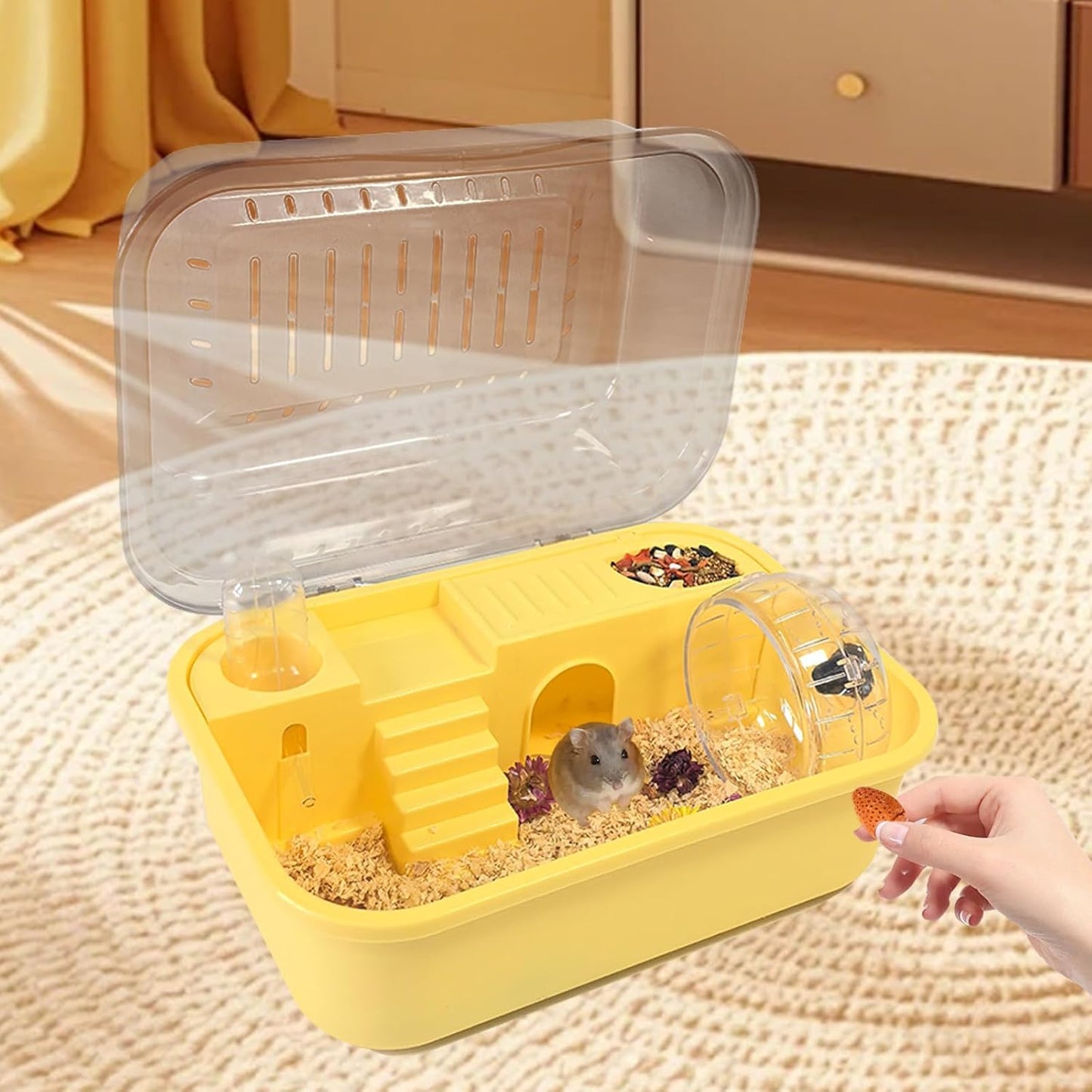 Hamiledyi Small Hamster Cage Clear Plastic Hamster Cage Portable Carrier with Water Bottle Exercise Wheel Bathtub Box Set Toy for Dwarf Baby Hamster (Yellow)