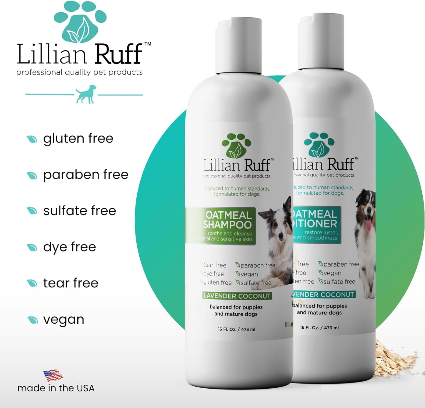 Lillian Ruff PRO Formula Deodorizing Oatmeal Dog Shampoo & Conditioner Set - Calm Itching & Allergies, Ultra-Nourishing Dry Skin Relief - Oatmeal, Aloe, Coconut Oil, Lavender & Provitamin B5, USA Made