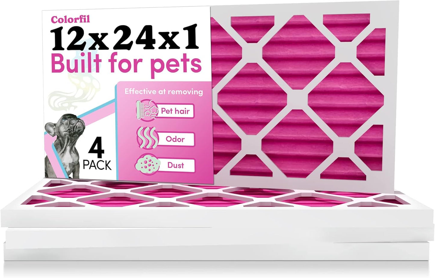 Colorfil 12x24x1 Air Filter (4-Pack) | Made in the USA | Color Changing | Remove Cat and Dog Odor | MERV 8 for Pet Hair Dander and Dust | 11.5"x23.5"x0.75" Exact Size
