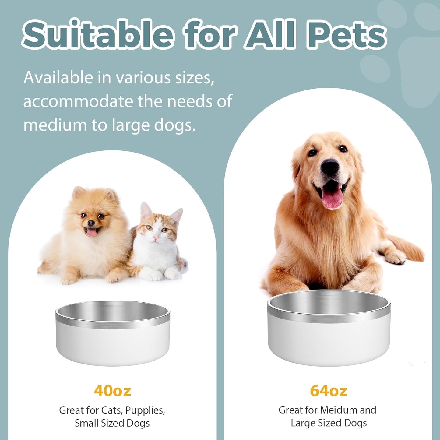 LIANLAI Dog Water Bowl, Rust-Resistant Stainless Steel Dog Bowls, Non-Slip Pet Dishes for Medium Puppys, Double-Walled Puppy Bowls (White,40 oz)