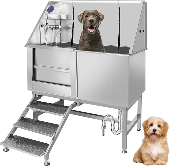 50" Dog Bathing Station, Professional Dog Washing Station Stainless Steel Dog Grooming Tub for Home,Equipped with Three Anti-Slip Steps, Removable Door, Pet Wash Station for Pet (50" Left ramp)