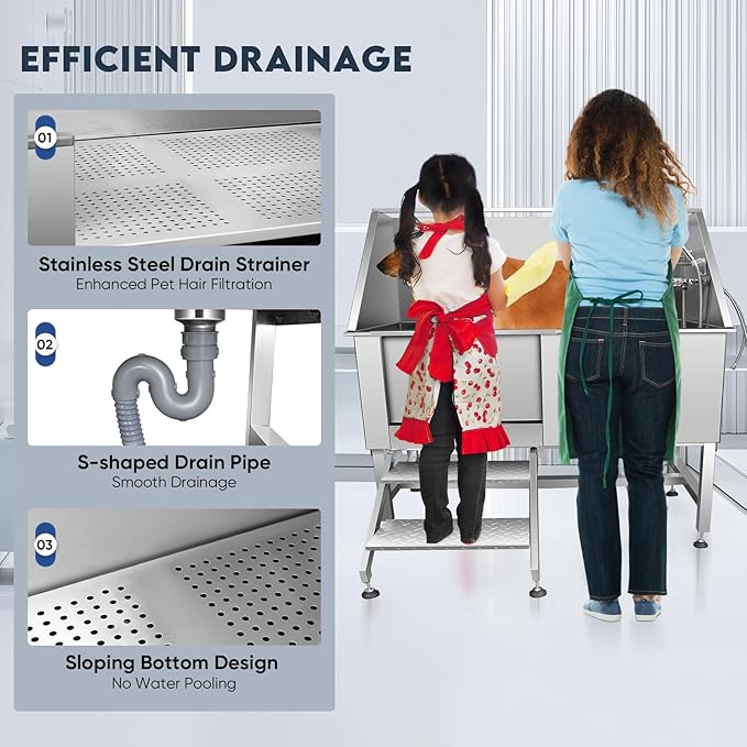 Dog Grooming Tub 62'' Dog Bathtub XL-Style Pet Bathing Tub Stainless Steel Dog Wash Station for Large Dogs Home Commercial with Faucet, Sliding Door