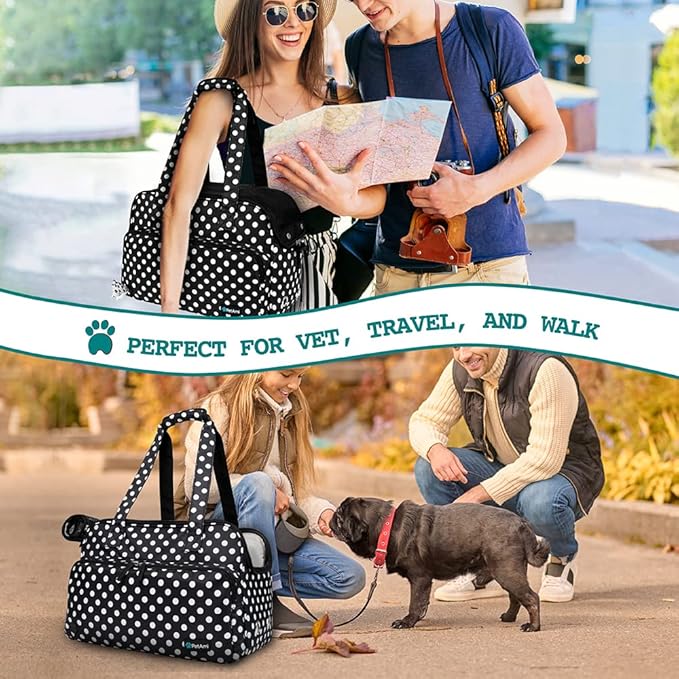 PetAmi Small Dog Purse Carrier, Soft-Sided Pet Carrier Bag with Pockets, Portable Puppy Cat Travel Handbag Tote, Airline Approved Breathable Mesh, Poop Bag Dispenser, Max 18 lbs, Polka Dot Black