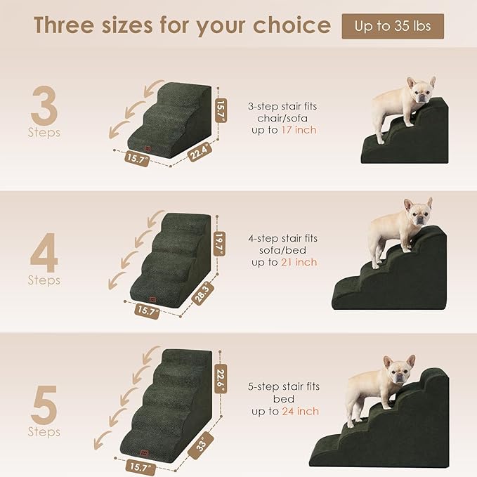 EHEYCIGA Curved Dog Stairs Ramp for Small Dogs 15.7" H, 3-Step Dog Steps for Couch Sofa and Chair, Pet Stairs for Cats, Non-Slip Balanced Pet Steps Indoor, Olive Green