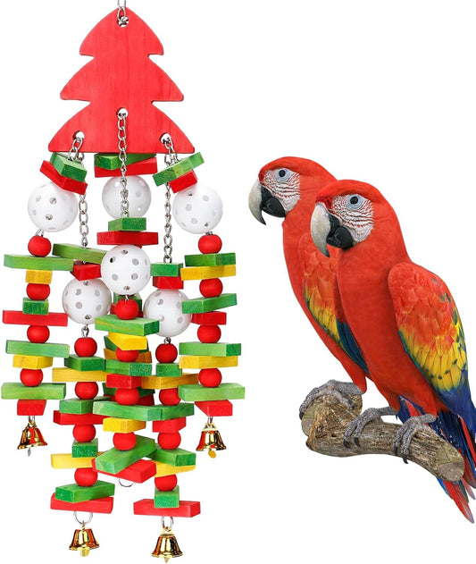 MEWTOGO Christmas Large Bird Toy - Natural Wooden Parrot Chewing Toy With Colorful Edible Blocks for Macaw African Grey Amazon Parrots, Xmas Gifts Bird Playing (Red)