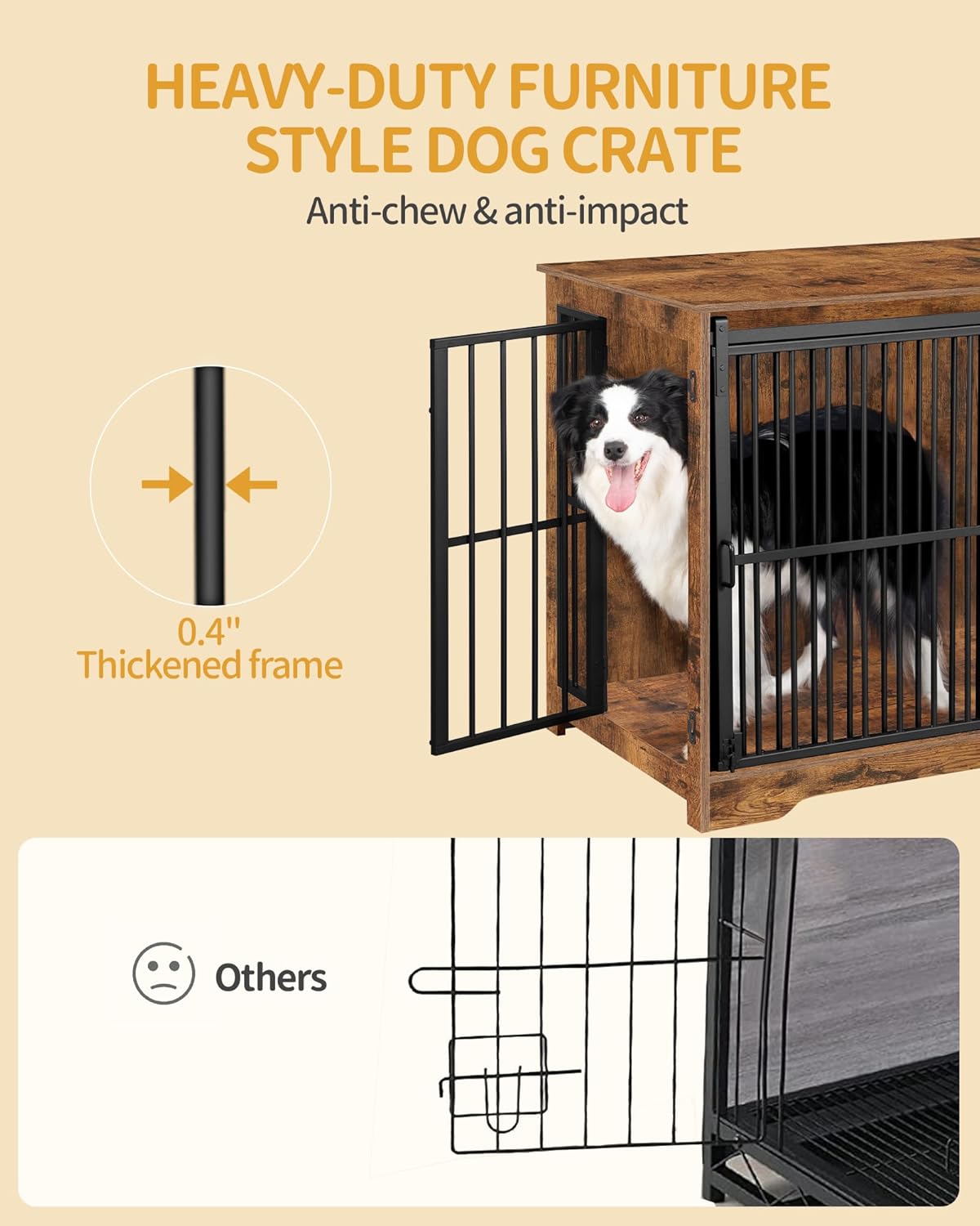XL Large Dog Crate Furniture, 44.1" Indoor Dog Kennel Furniture with Barn Door, Wooden Tall Dog Crate, Heavy Duty Dog Cage for Large Dogs, Side End Table, Anti-Chew, Rustic Brown DFC80101B