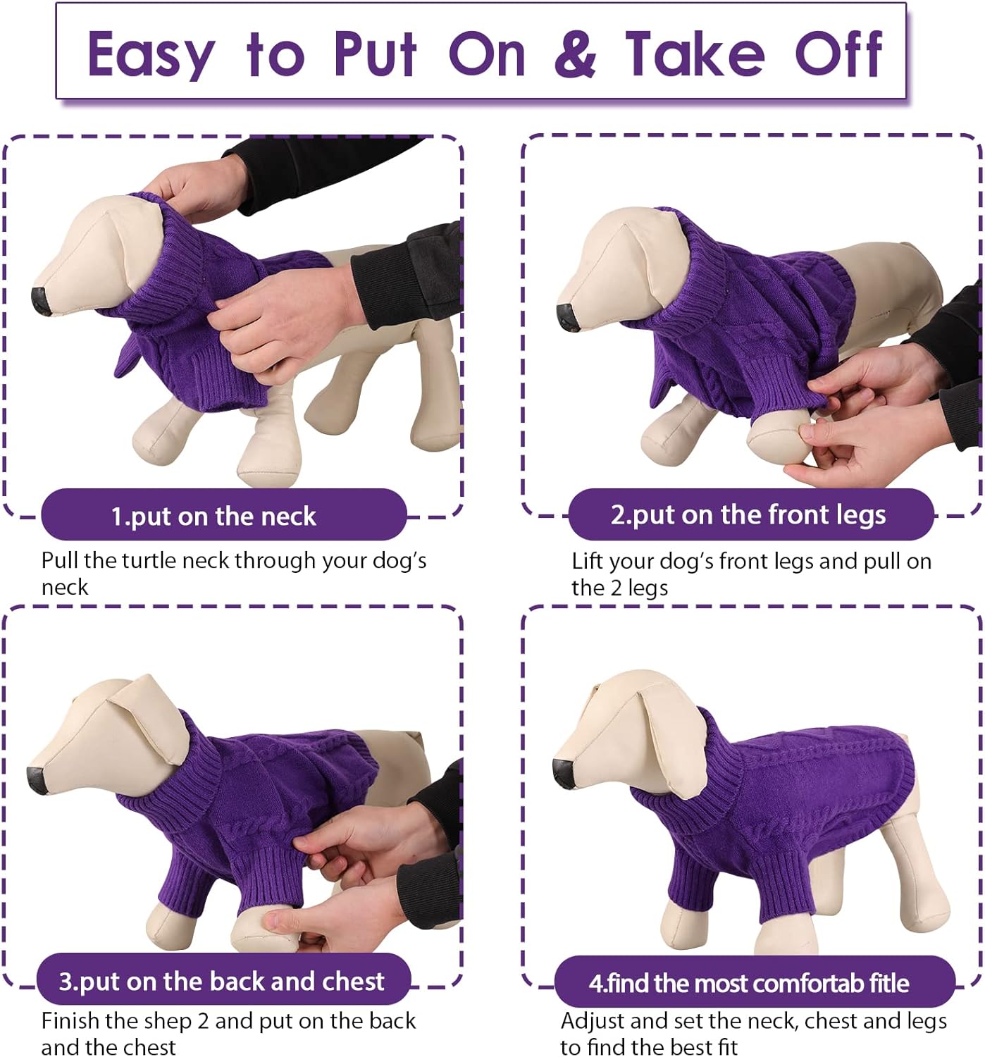 Queenmore Small Dog Pullover Sweater, Cold Weather Cable Knitwear, Classic Turtleneck Thick Warm Clothes for Chihuahua, Bulldog, Dachshund, Pug (Purple, X-Small)