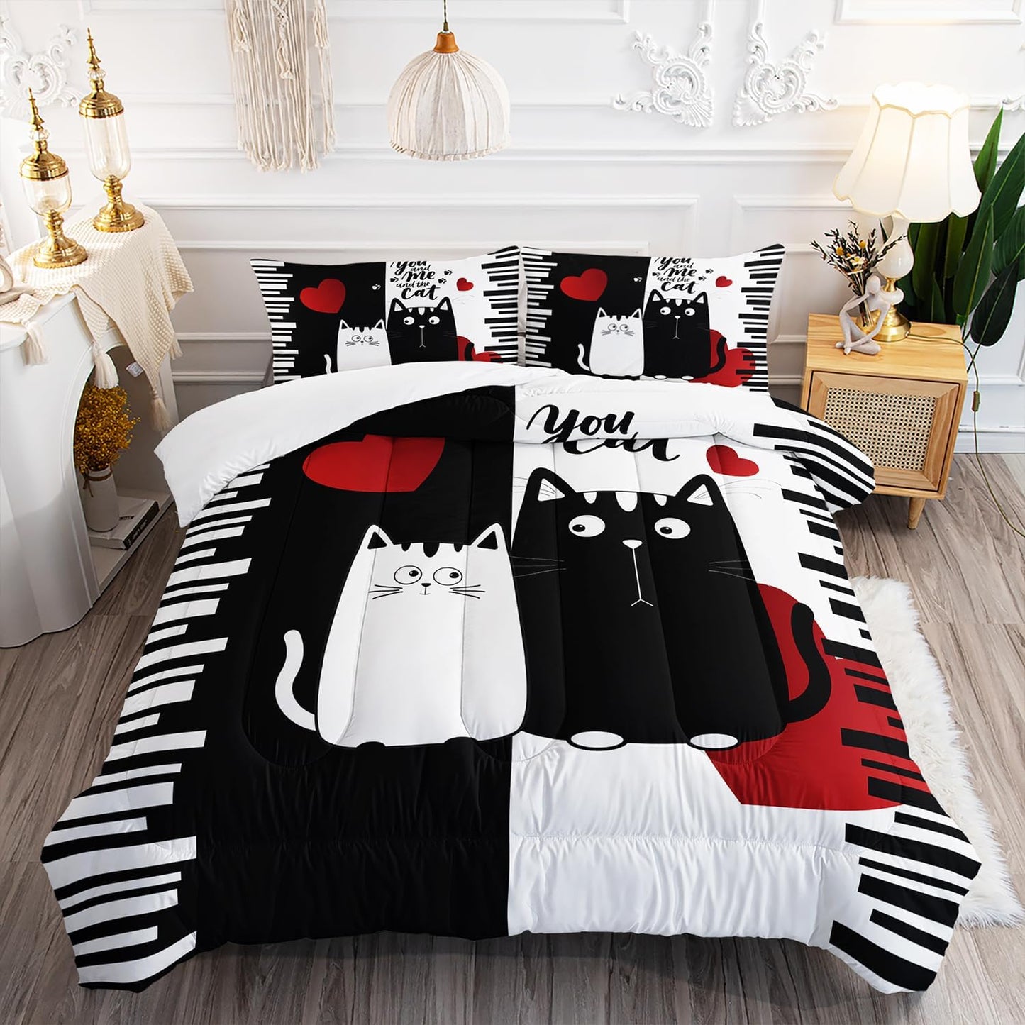 Kawaii Pet Cat Themed Comforter 3Pcs Full Lover's Kitten Animal Bedding Set for Cat Lover Kid Teen Girl Boy Black White Cat Heart Pattern Quilt Bed Decor with 1 Comforter and 2 Pillowcases