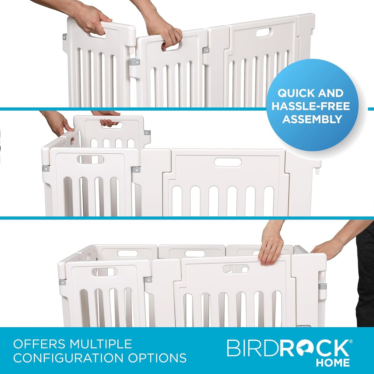 BIRDROCK HOME Dog Playpen w/Door, 8 Panel, 25.6in H | Strong Plastic, Non-Slip Puppy Playpen, Secure Pet Gate | Indoor Outdoor Fence | Configurable Panels | Small Pets - White