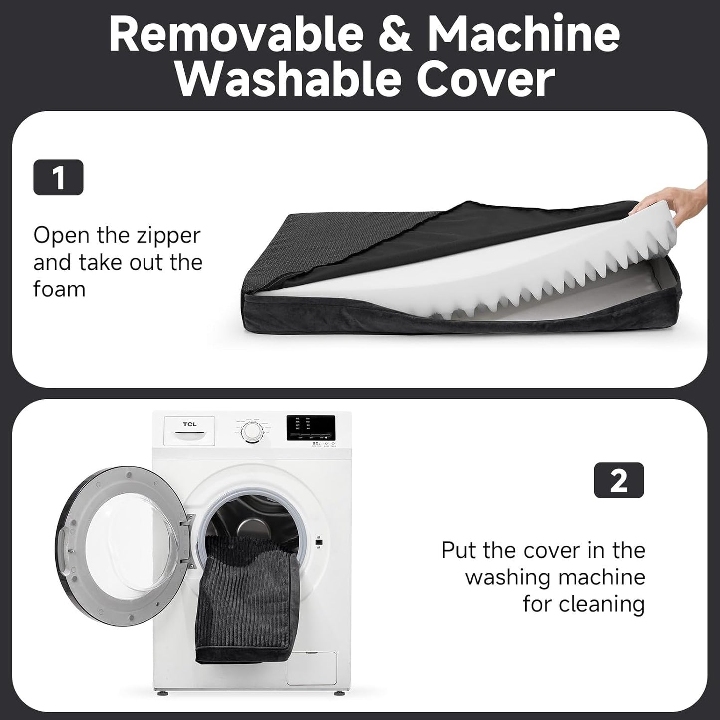 OhGeni Orthopedic Waterproof & Machine Washable Dog Bed for Medium Large Pets, Suitable for Crates, 25D Egg Crate Foam, Non-Slip Bottom & Removable Cover, Invisible Zipper, 35 Inches(Black)