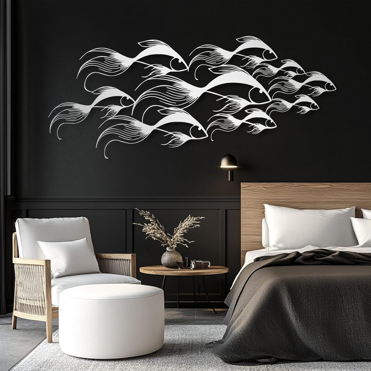 School of Fish Metal Wall Art, Metal Fish Wall Decor, Sea Life Wall Art, Large Nautical Wall Hanging, Modern Beach House Wall Decor, Ocean Themed Artwork for Bathroom (Black, 24"x10" | 60x25cm)