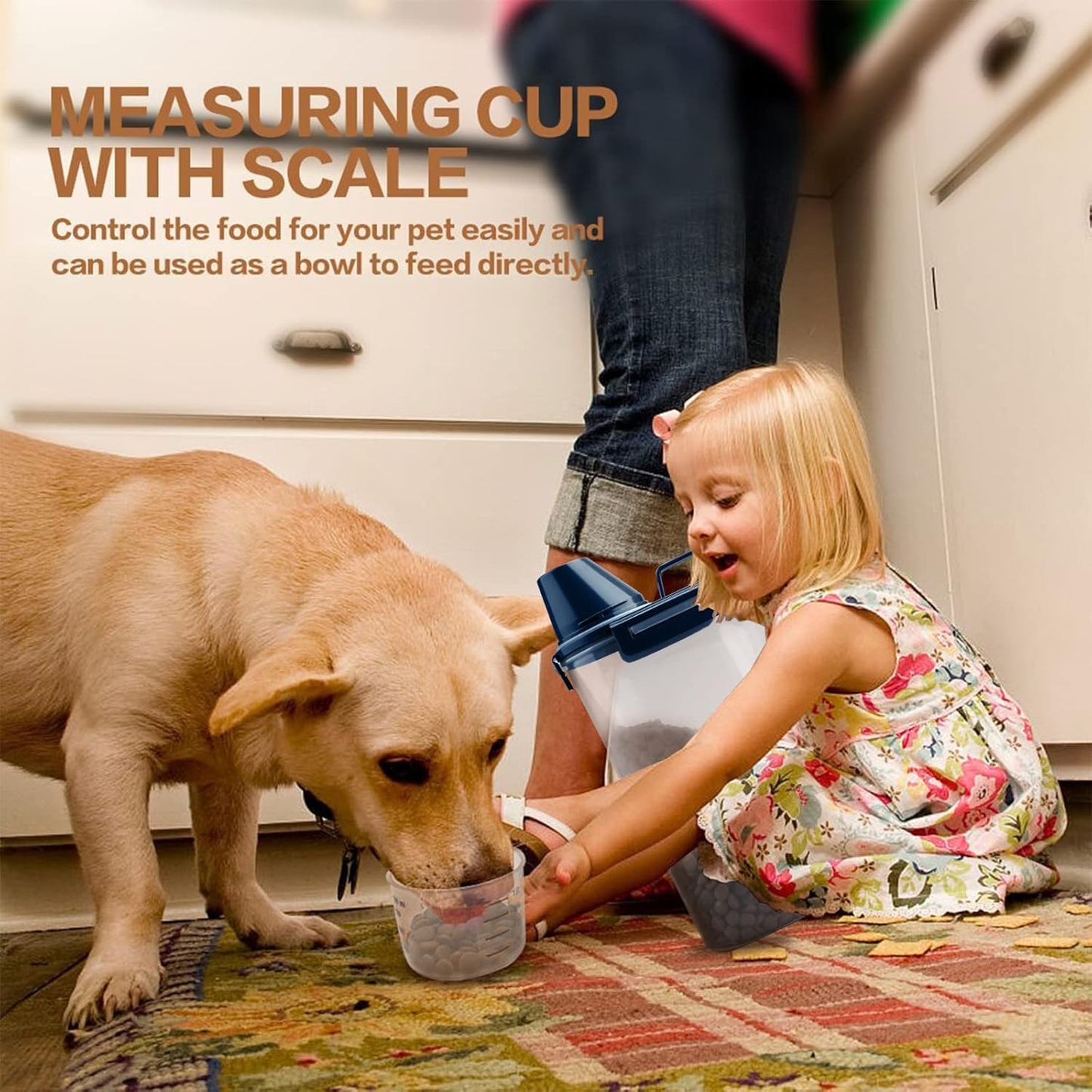 Upgraded Dog Food Storage Container Small, Cat Food Container Airtight, Pet Food Container Dispenser with Pour Spout, Measuring Cup and 4 Seal Buckles for Dogs, Cats, Birds (Blue)