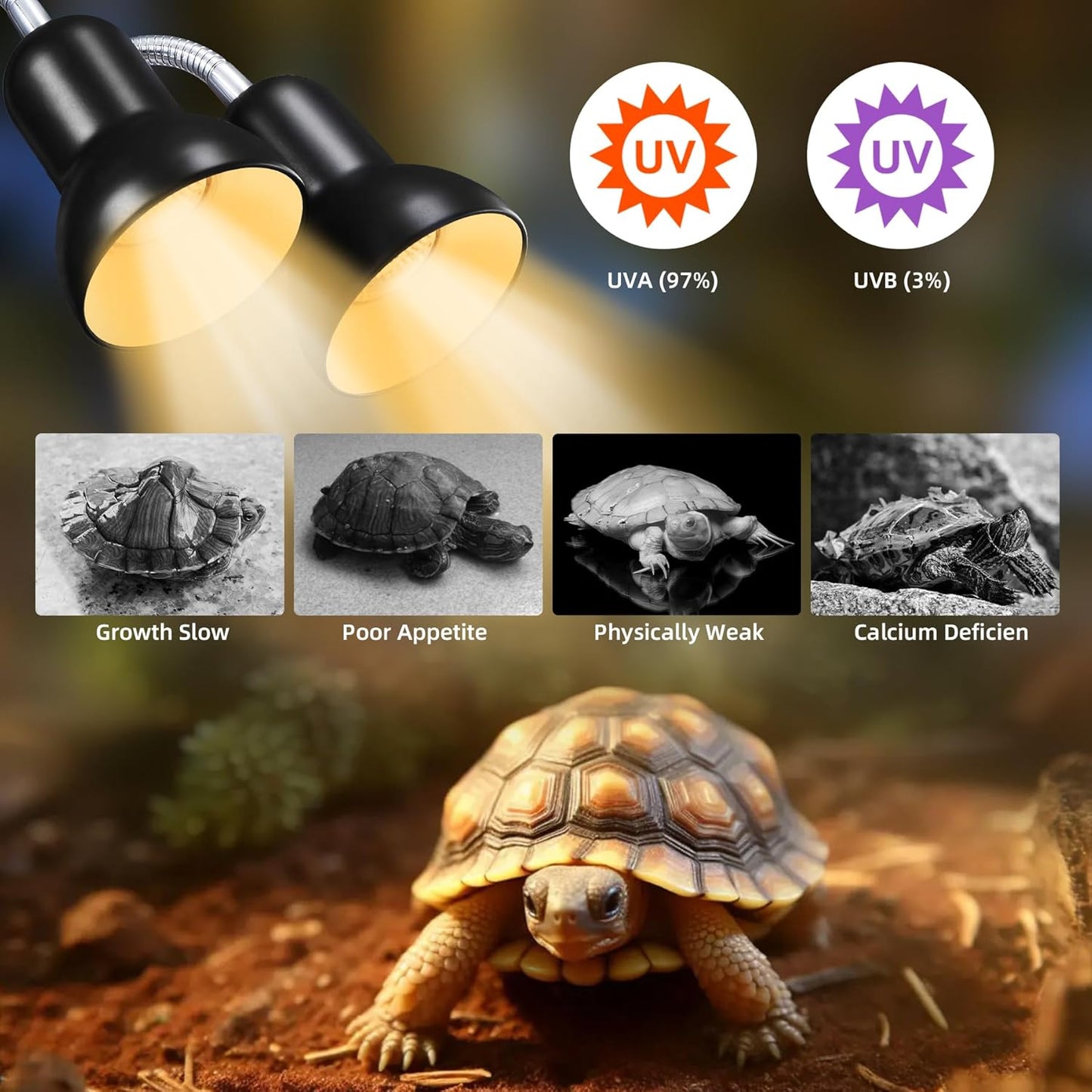 Reptile Heat Lamp, Turtle Lamp with Cycle Timer,Dual-Head UVA UVB, Heat Lamp for Lizard Reptiles,Bearded Dragon Hermit Crab Snake Turtle Basking Light, Separate Control Heat Lamp Bulb