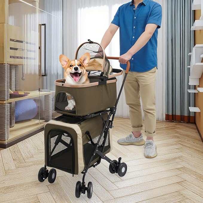 2-Layers Pet Stroller for 2 Cats/Dogs,Foldable Lightweight 77lbs Capacity Carrier, 4 Wheels, Removable Basket & Storage Pocket,for Small Pets (Green)