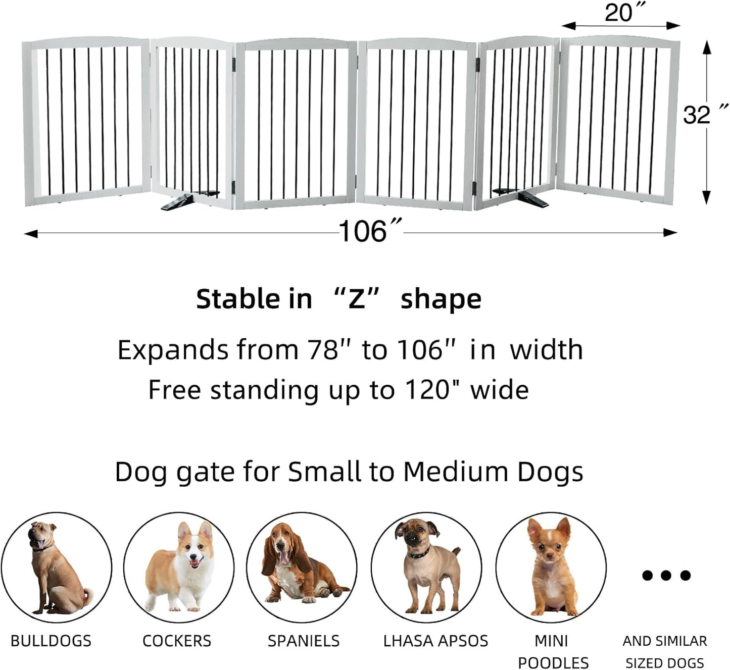 Freestanding Panel Dog Gate for Indoor, Doorways,Stairs, or Hallways,Foldable Wooden Dog Gates for House,Pet Gate for Dogs,Dog Fence, Puppy Gate,Support Feet Included,32 "Height-6 Panels,White