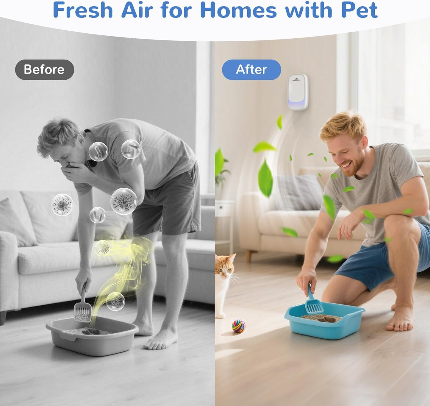 Cat Litter Deodorizer โ 99% Odor Eliminator for Strong Pet Odors, Plug In Negative Ion Air Purifier for Litter Box, Home, Kitchen, Bathroom, Ozone-Free & Quiet Portable