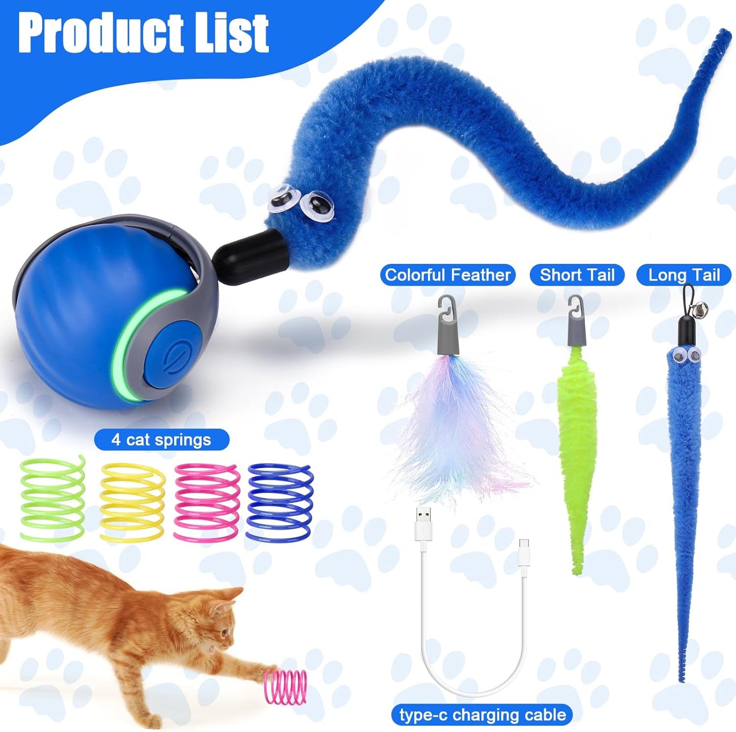AIERSA Interactive Cat Toys for Indoor Adult Cats, Automatic Self-Play Cat Ball Toy for Kitten to Keep Them Busy, Electric Speed Tail Moving Cat Toy with 3 Tails and 4 Springs (Blue)