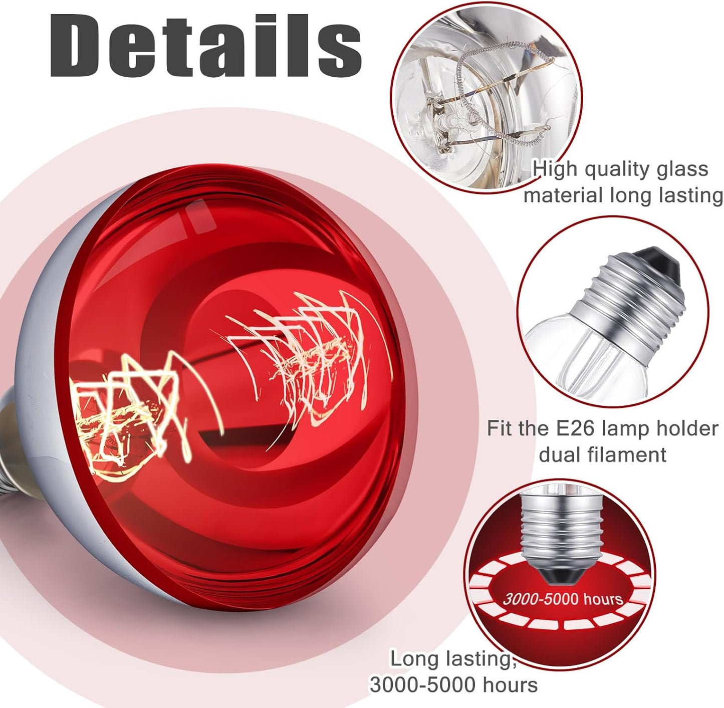 VIHOSE 6 Pack 250 Watt Heat Lamp 120v R40 Heat Lamp Bulbs Glass Incandescent Light Bulbs Incandescent Heating Lightbulbs for Reptiles Chicks Food Puppies Bathroom, Use E26 Base (Silver,Red)