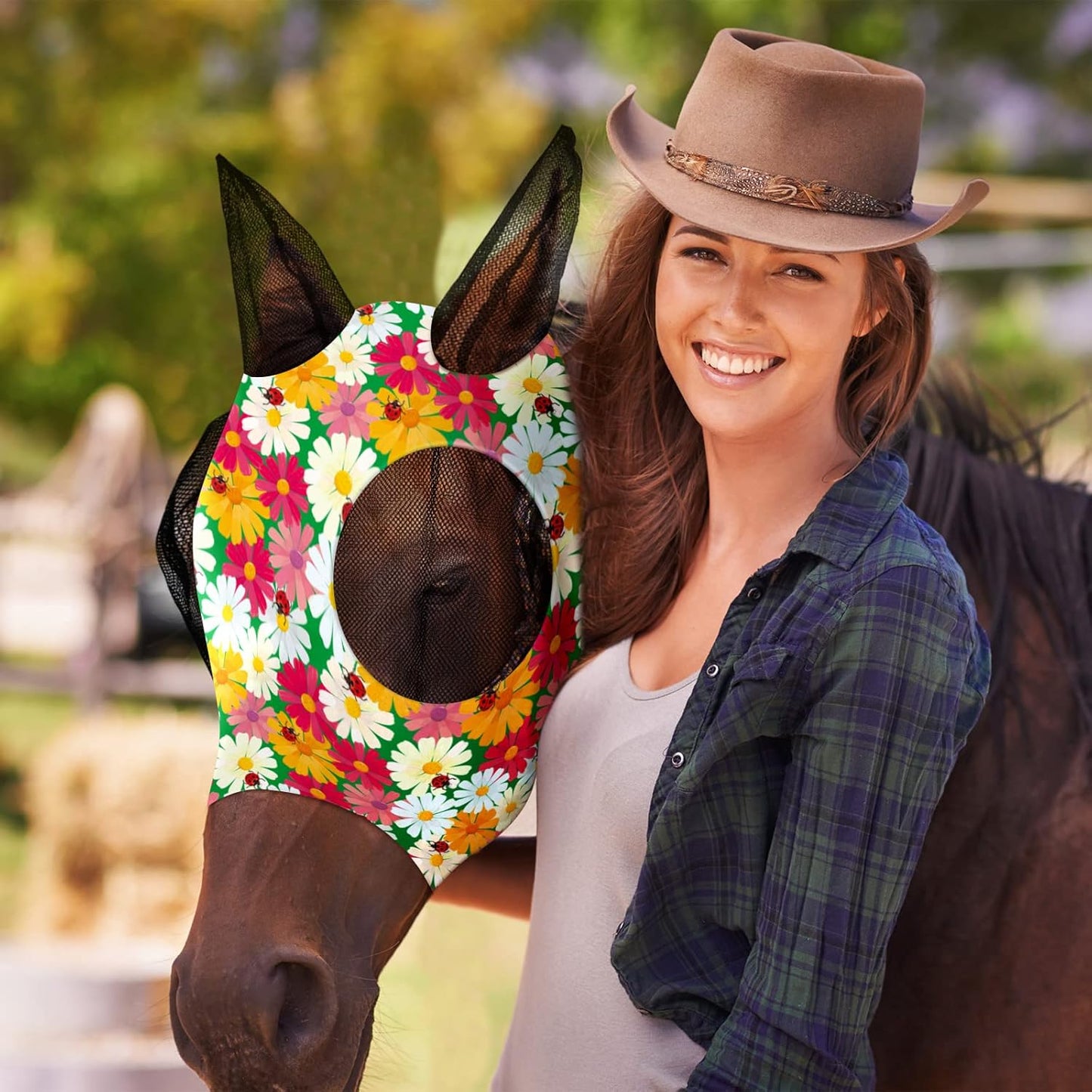 Chunful 6 Pcs Horse Fly Masks with Ears Smooth and Comfortable Cashel Mesh Fly Mask Elasticity Breathability UV Protection Horse Face Covering for Riding Supplies(Floral,Medium)