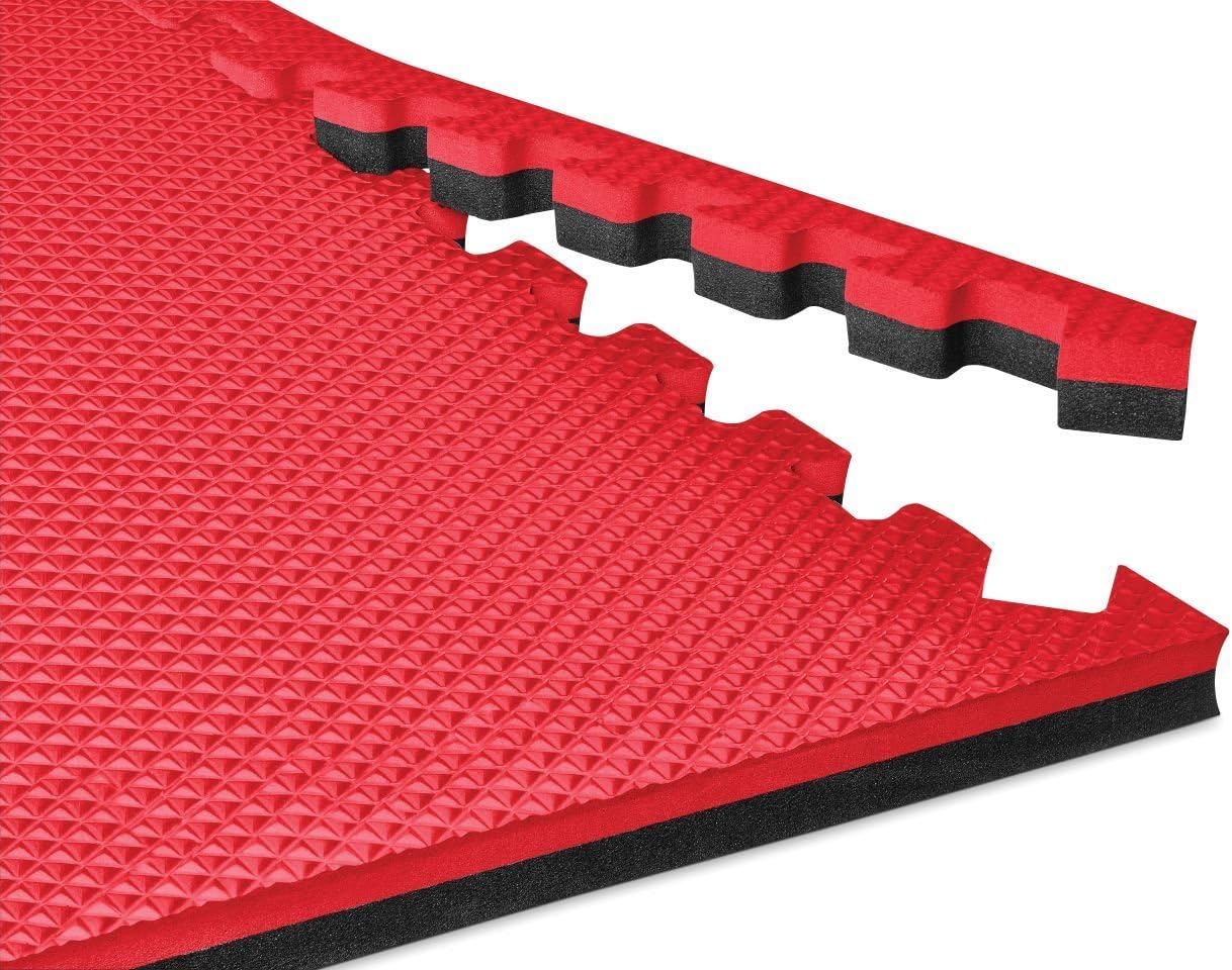 Norsk Reversible Gym Exercise Mats 3/4" Thick EVA Interlocking Foam Tiles, Perfect Home Gym Flooring, 32 Tiles & 64 Trim Pieces, 128 Sq. Ft. Reversible, Red/Black