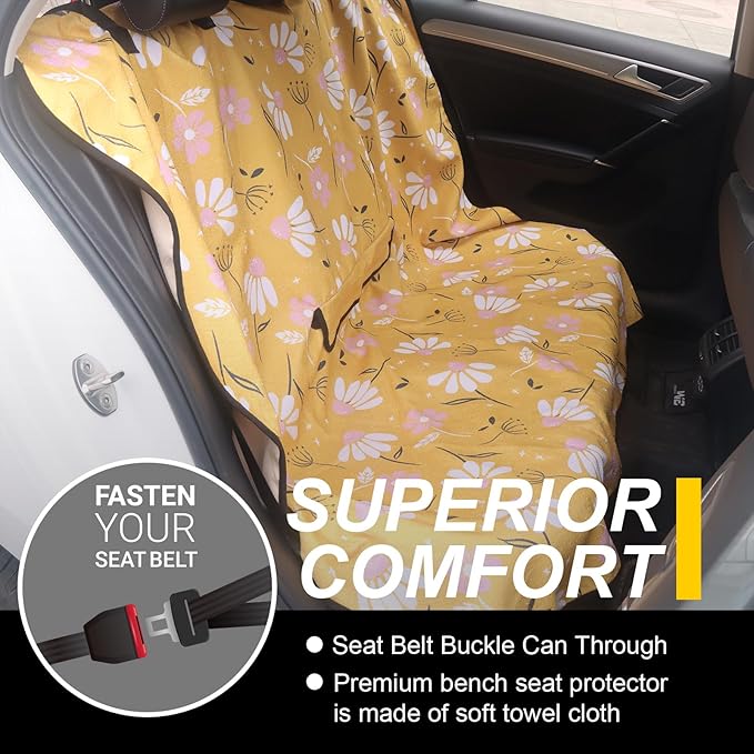 Back Seat Cover for Car Trucks Van SUV,Waterproof Rear Bench Towel Seat Covers for Dogs and Kids,Automotive Backseat Protector (Chamomile and Yellow)
