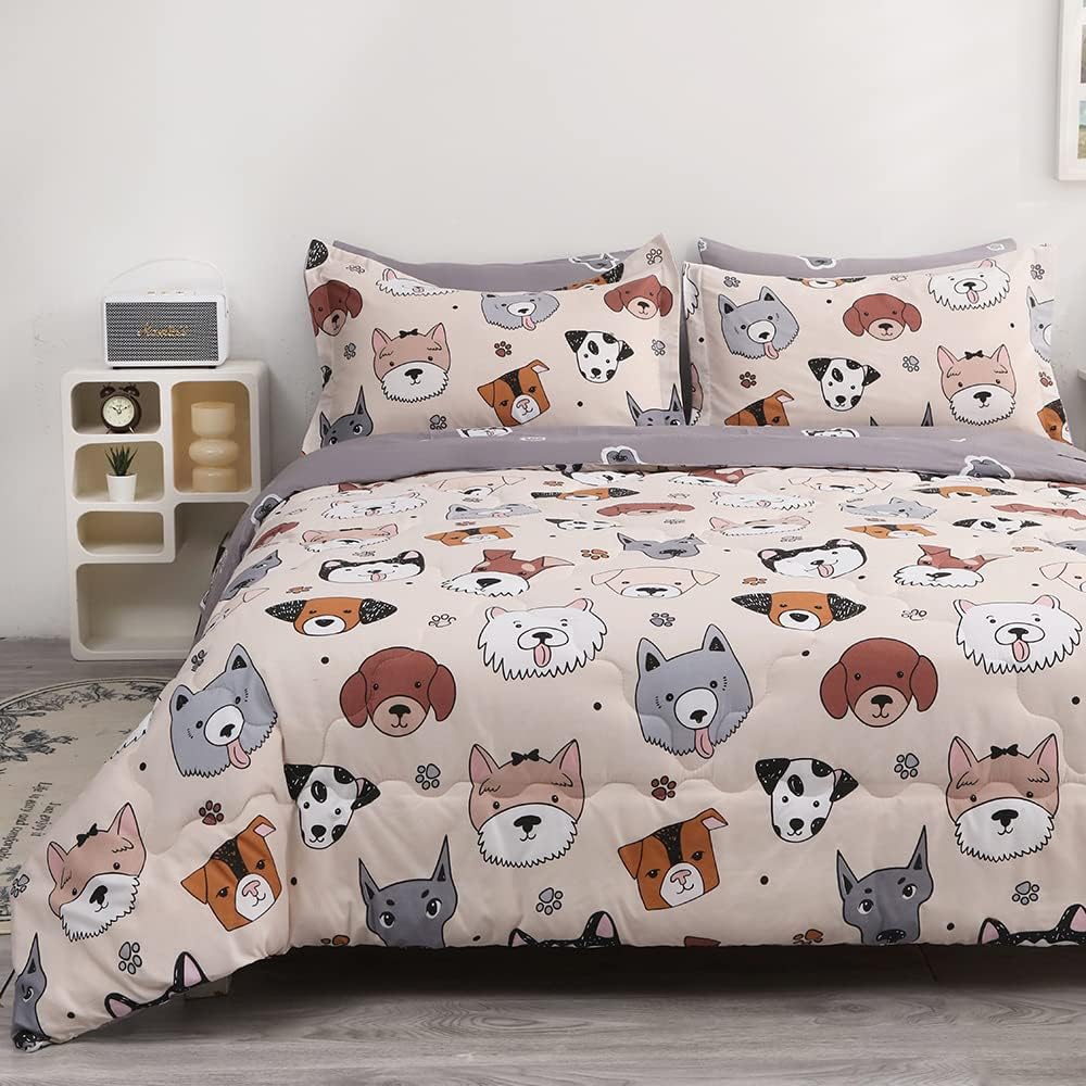 Kids Comforter Set 7 Piece Bedding Cute Dog Cartoon Animal Bed Microfiber Comforter Twin Size All Season (1 Comforter, 1 Flat Sheet, 1 Fitted Sheet, 4 Pillowcase)