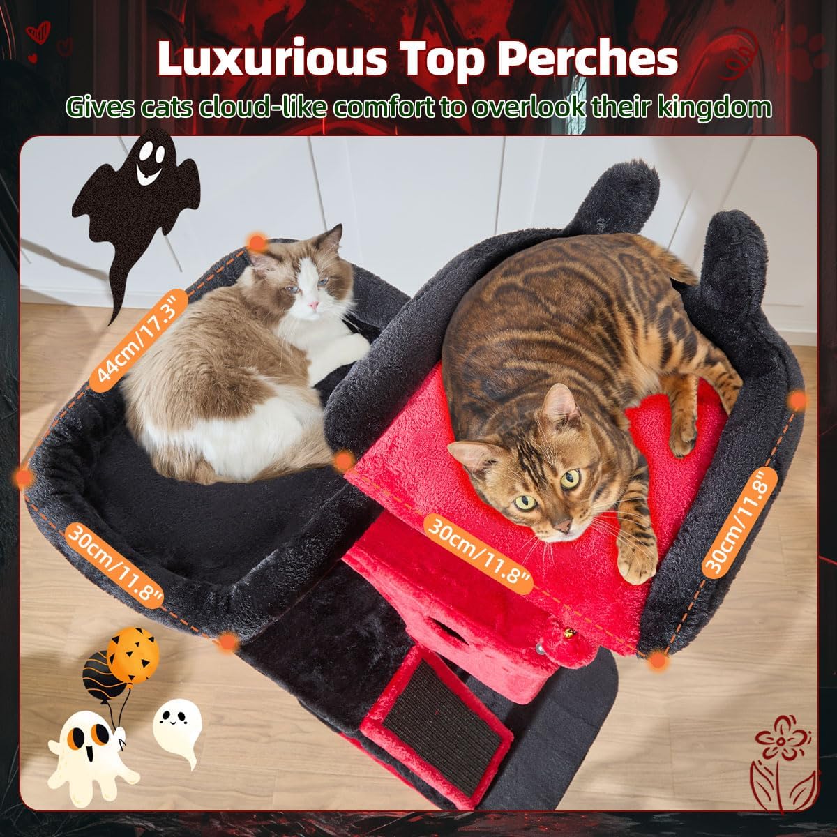 Taoqimiao Gothic Cat Tree 57.5-Inch, Cat Tower for Indoor Cats Large Adult, Large Cat Condo, 8 Sisal Scratching Posts, Metal Frame Cozy Hammock, Durable Scratch Board, 2 Perches, Black and Red MS026BR