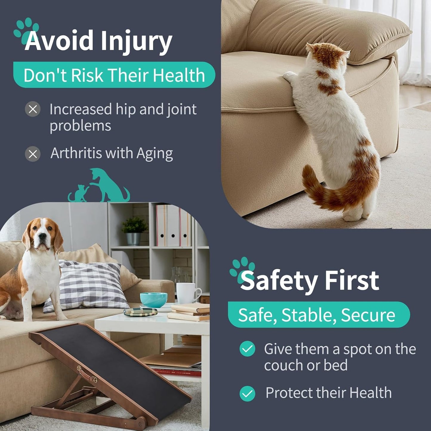 Dog Ramp, Adjustable Height Wooden Folding Pet Ramp for Bed, Couch,SUV-High Traction, Portable Paw Ramps for Small & Large Old Dogs & Cats - Furniture Quality