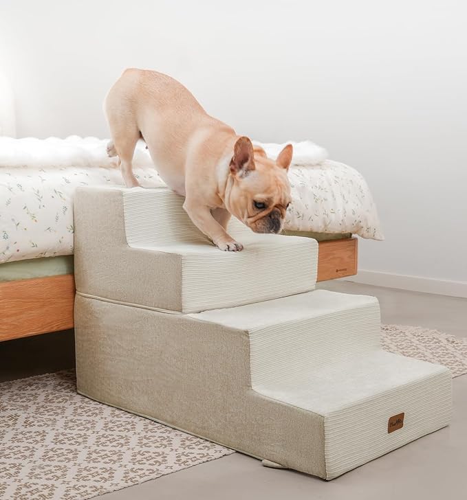 Made4Pets Dog Steps for Bed, Extra Wide Dog Stairs for High Bed Couch Sofa, 35D Foam Pet Steps for Small Dogs and Cats, Non-Slip Bottom Pet Stairs, Beige, 4 Steps