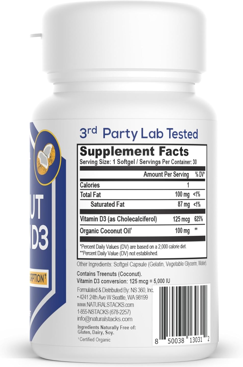 NATURAL STACKS Vitamin D 5000 IU Supplement - with Coconut Oil for Optimal Absorption - Vitamin D Pills for Immunity & Cell Growth - D3 125mcg Cholecalciferol Supplement - 30 D3 Servings