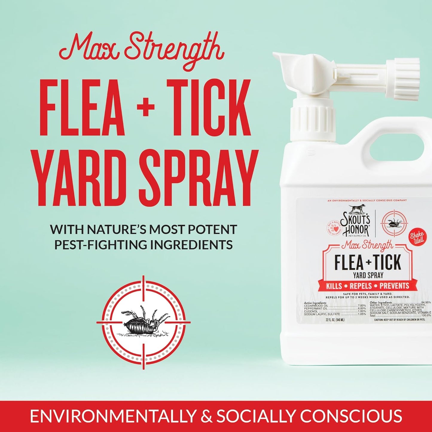 Skout's Honor Flea and Tick Yard Spray - Natural Peppermint & Cedarwood Formula, Helps to Protect from and Against Fleas, Ticks and Mosquitos, Covers upt o 5,000 Sq F, 32 oz.