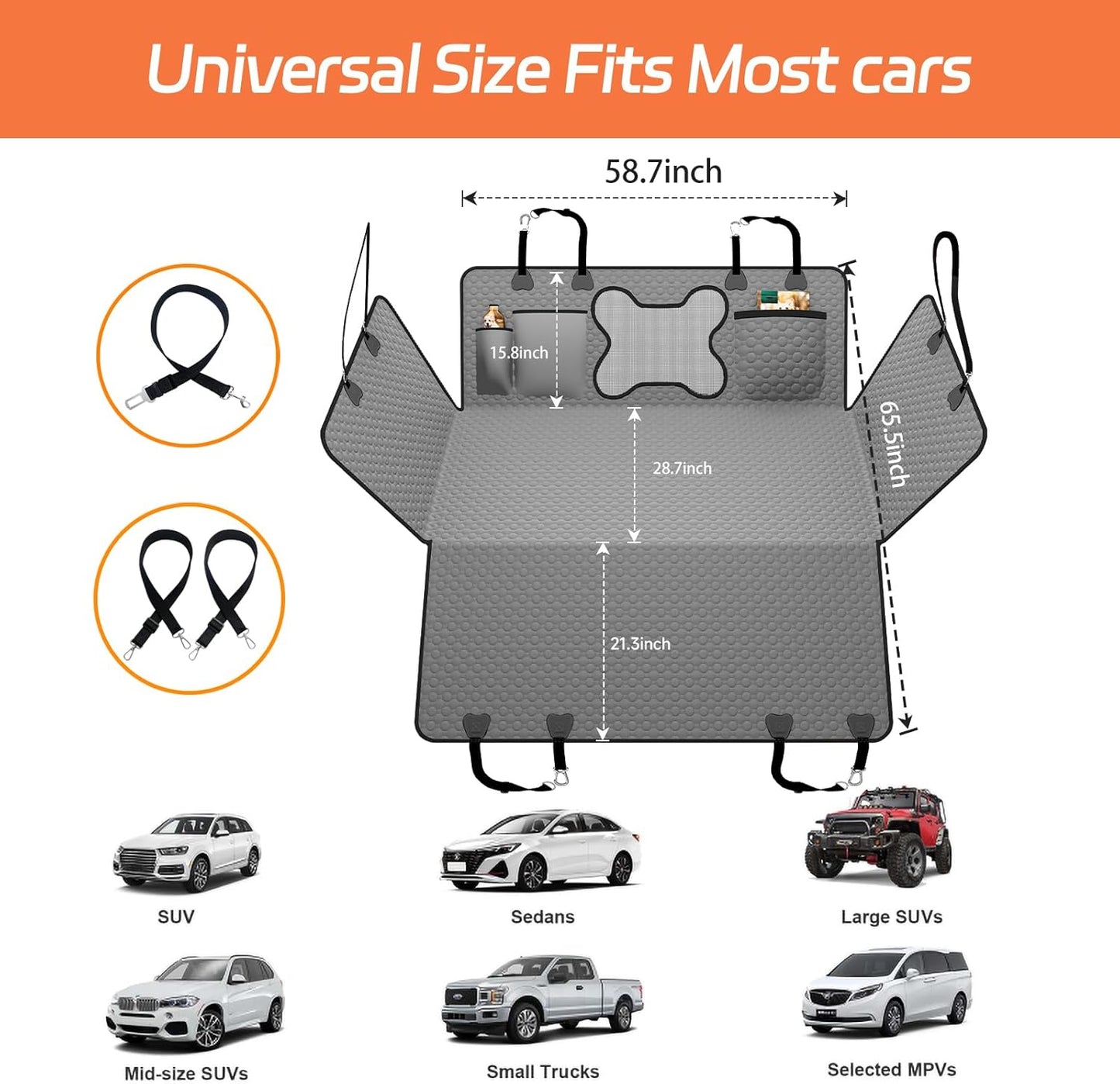 Hard Bottom Dog Car Seat Cover for Back Seat – Waterproof Nonslip Hammock Extender for Trucks & SUVs, Heavy Duty Pet Protector, Gray Oxford Fabric