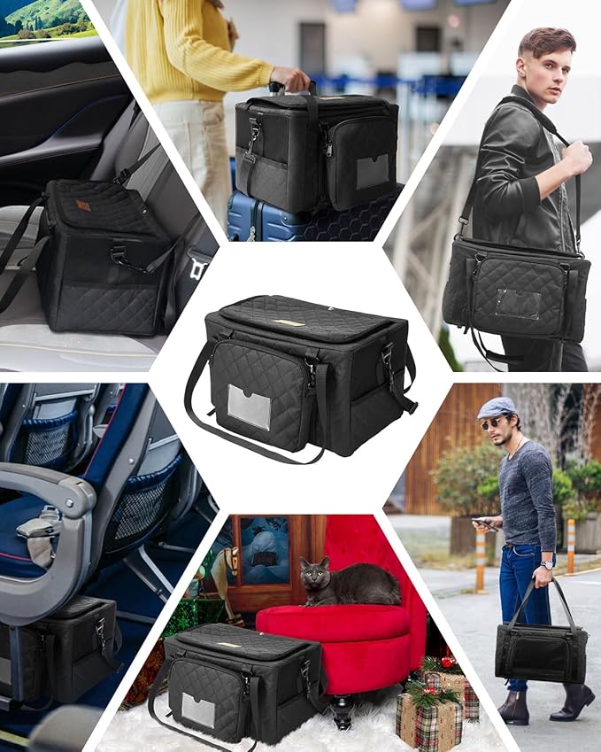 PETUX Small Cat Carrier - Pet Carrier Airline Approved for Kitten Under 10 lb - Escape-Proof, Foldable & Portable Cat Carriers for Travel, Vet Visits with Removable Bag, Safety Buckle & Leash - Black