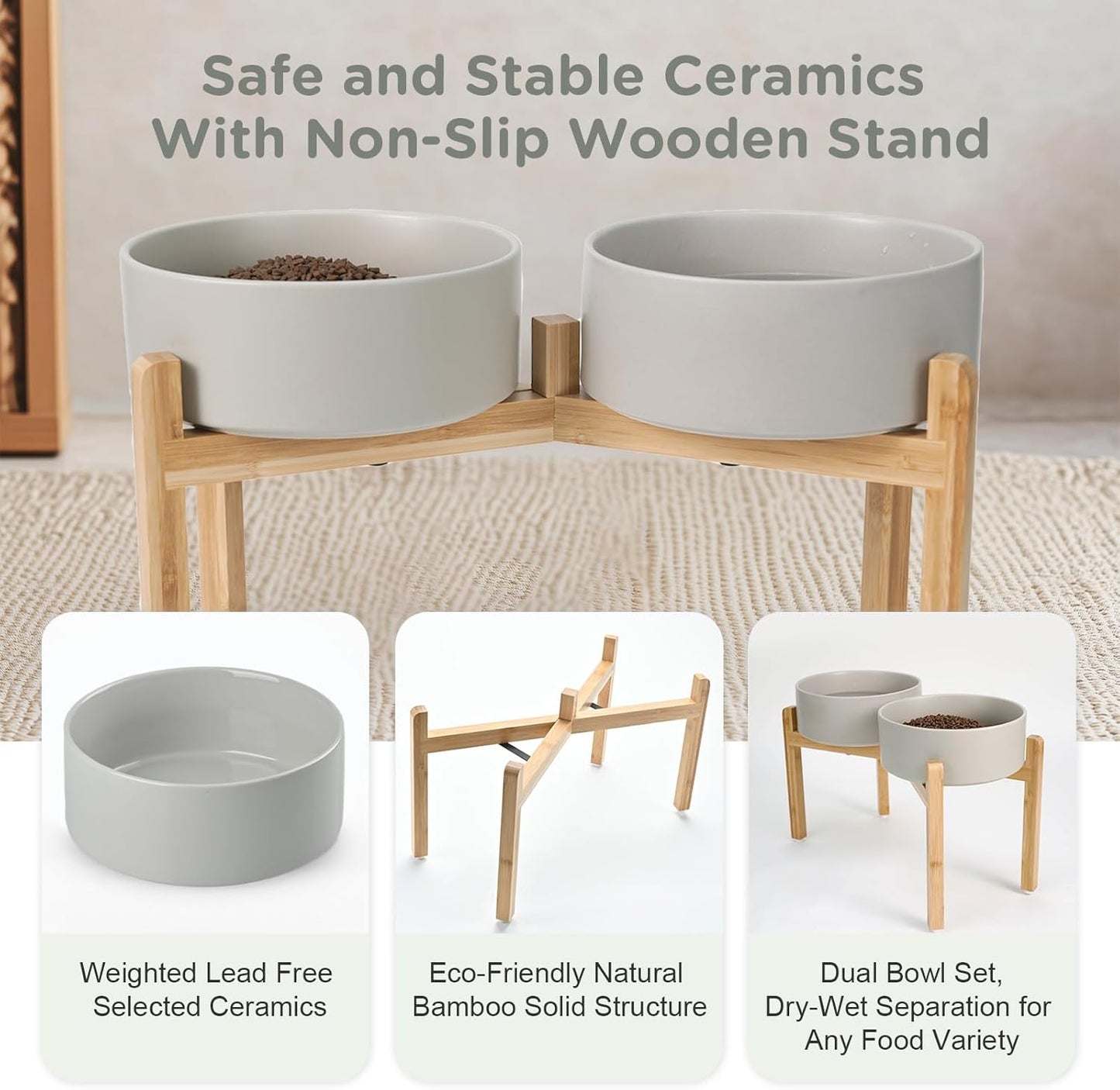 SPUNKYJUNKY Elevated Dog Bowls Ceramic, 8.3'' Dogs Food Water Bowls Raised with Non-Slip Bamboo Stand for Large Sized Breed Microwave Dishwasher Safe - 60 OZ,Grey