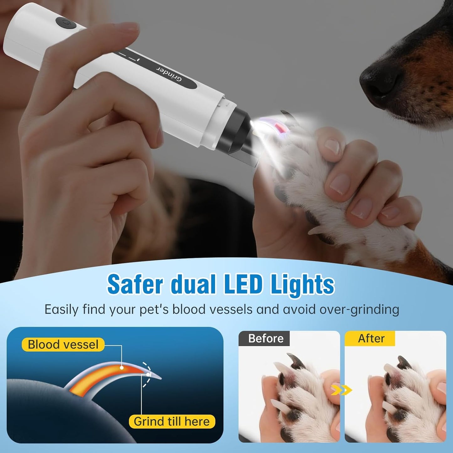 Dog Nail Grinder, 7-Speed Electric Dog Nail Trimmers with Dust-Absorbing Sponge & File for Small/Medium/Large Dogs & Cats, Rechargeable Dog Nail Clippers Grooming Kit Includes Storage Bag