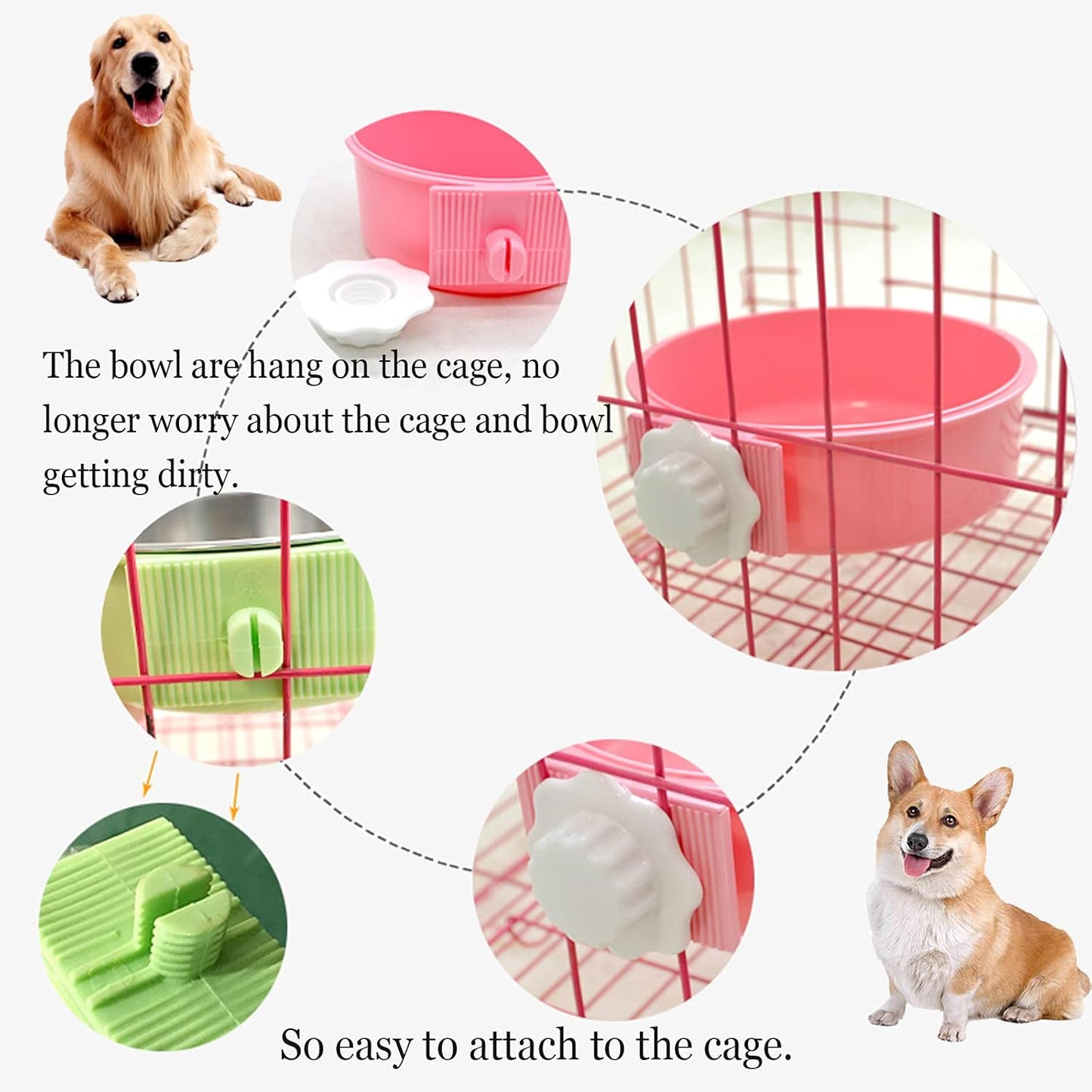 kathson Crate Dog Bowl, Removable Stainless Steel Hanging Pet Cage Bowl Food & Water Feeder Coop Cup for Cat, Puppy, Birds, Rats, Guinea Pigs 3pcs(Blue,Green,Pink)