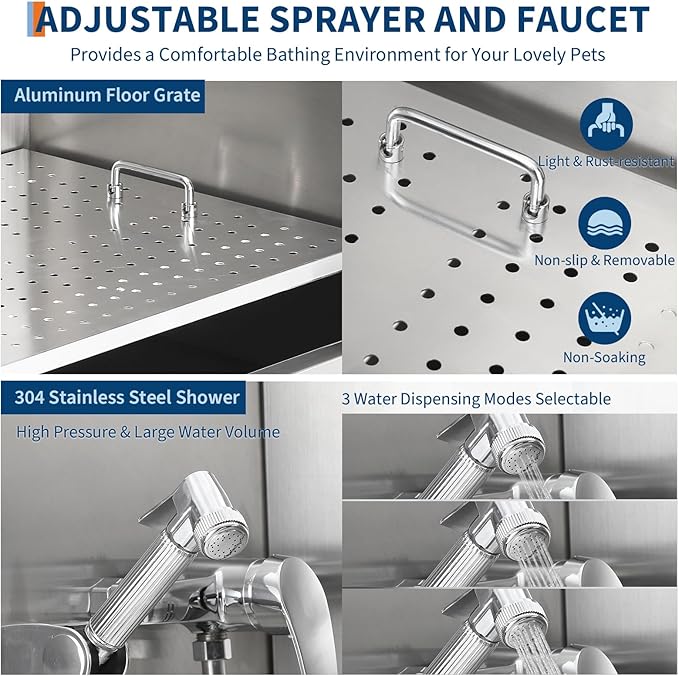 Stainless Steel Dog Washing Station - Dog Bath Tub for Large, Medium, Small Dogs, Pet Grooming Tub with Ramp, Non-Slip Grate, Shower, Soap Box, Faucet, Drain for Home & Outdoor (Right RAMP, 50")