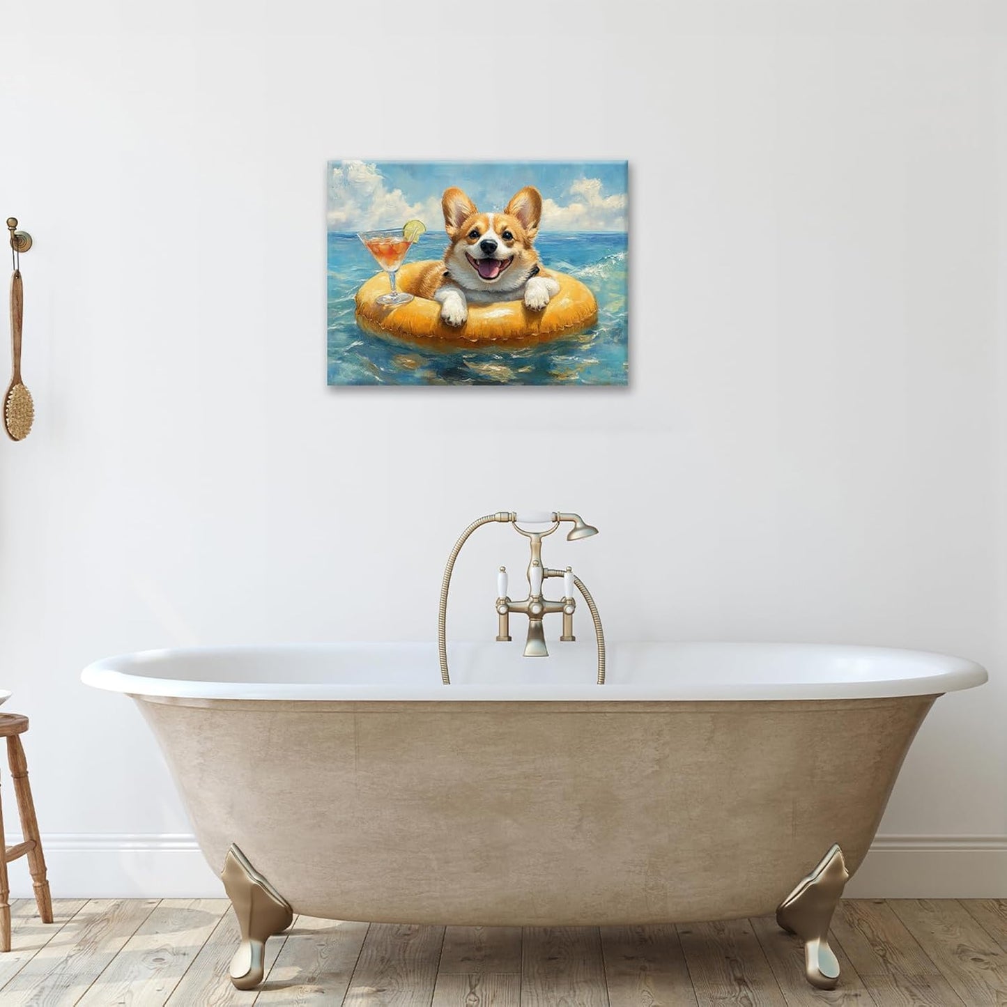 Ocean Funny Corgi Dog Pictures Wall Art, Bathroom Cute Dog Wall Decor Sea Coastal Framed Painting Beach Canvas Artwork for Bathroom Bedroom Living Room Decorations 20"L x 16"W