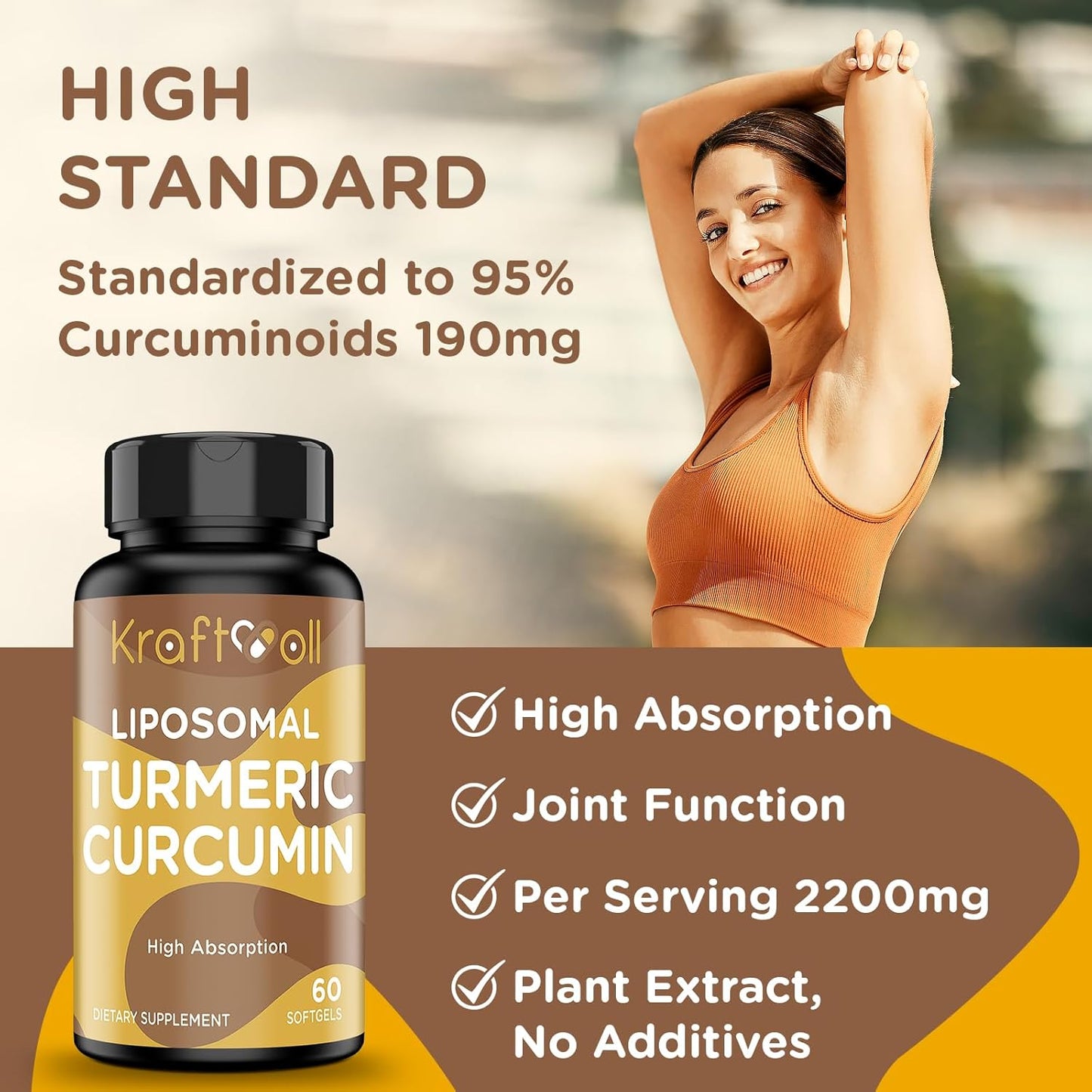 Liposomal Turmeric Curcumin 2200 mg with Black Pepper for Enhanced Absorption and Joint Support, 60 softgels (2 Bottles)