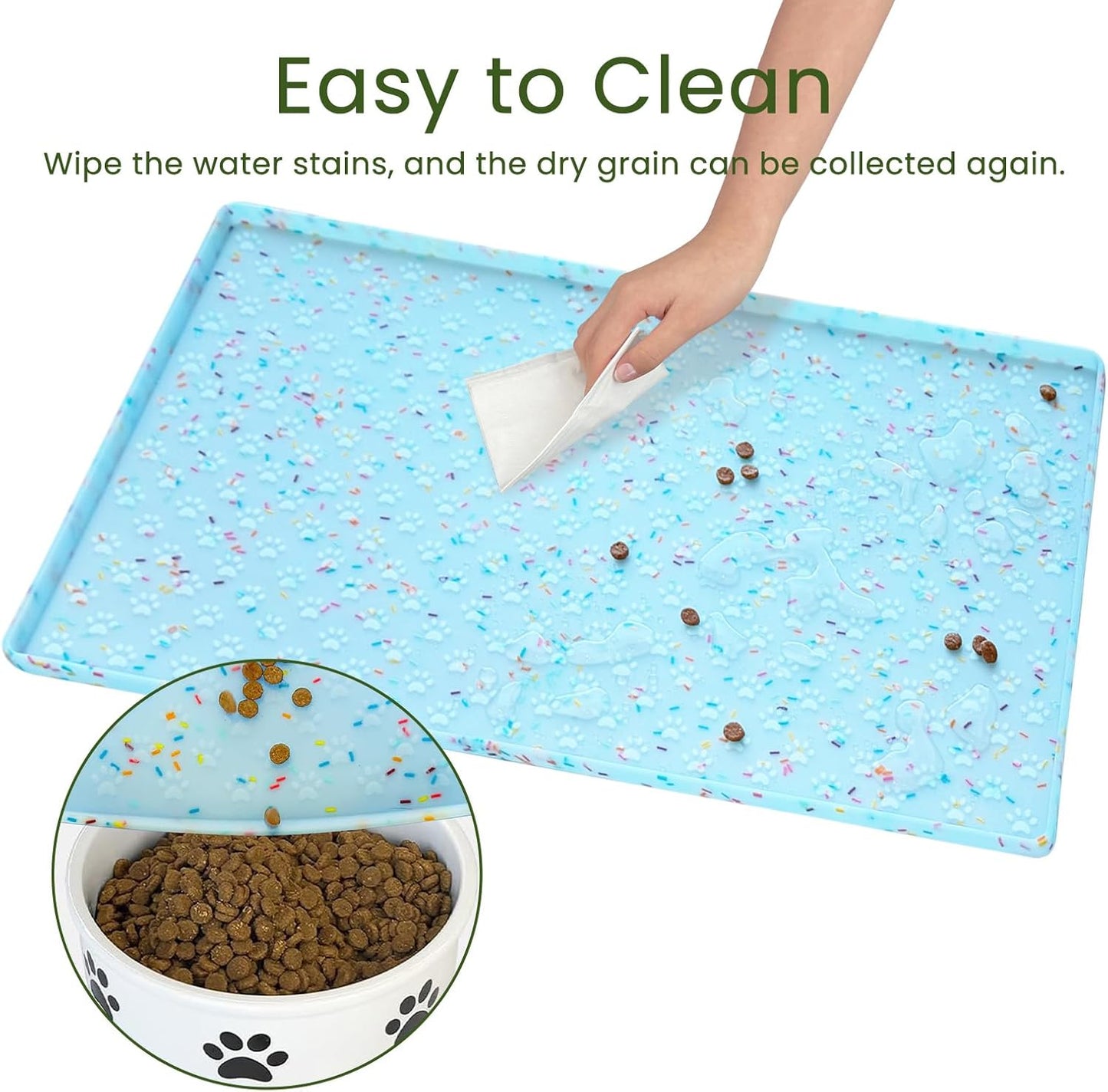 Ptlom Dog Food Mat Anti-Slip Dog Bowl Mats for Food and Water, Waterproof Pet Placemat Prevents Messy Spill to Floor, Silicone Puppy Feeding Tray for Small, Medium and Large Dogs Cats, Blue