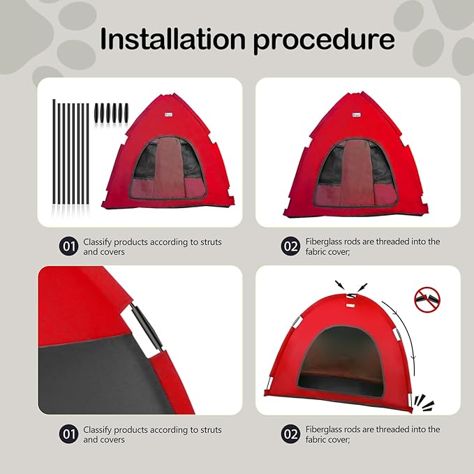 Red, Large Cat & Dog Waterproof Tent House - Washable Indoor/Outdoor Bed, Cave Nest for Small Pets
